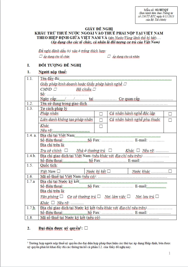 Mẫu số: 02/HTQT theo Thông tư số 156/2013/TT-BTC