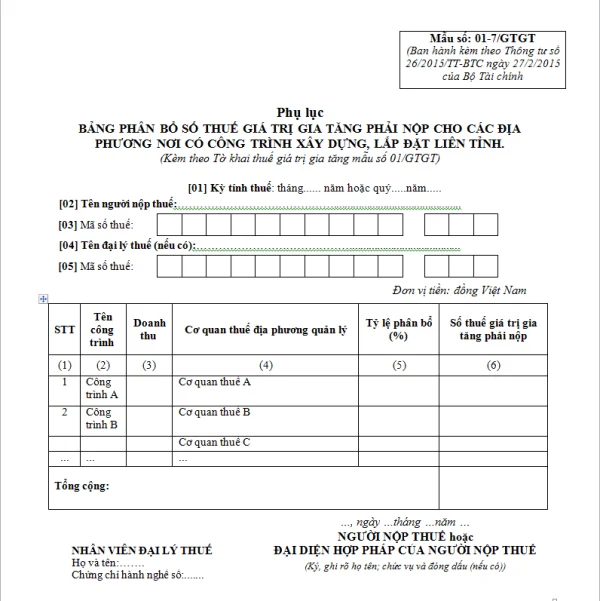 Mẫu số 01-7/GTGT theo Thông tư số 26/2015/TT-BTC