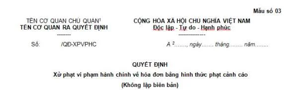 Mẫu số 03 quyết định xử phạt vi phạm hành chính về hóa đơn bằng hình thức phạt cảnh cáo