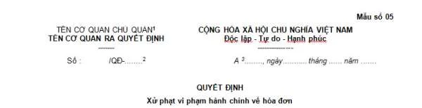 Mẫu số 05 Quyết định xử phạt vi phạm hành chính về hóa đơn