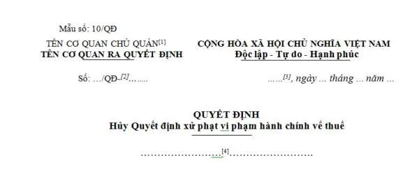 Quyết định hủy xử phạt vi phạm hành chính về thuế