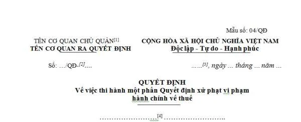 Quyết định về thi hành một phần Quyết định xử phạt vi phạm hành chính