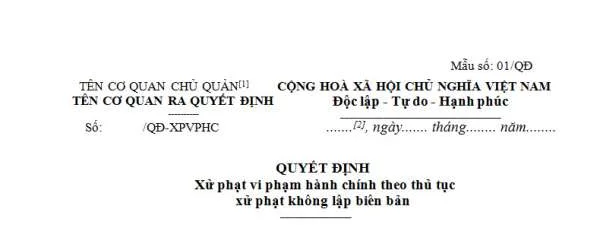 Quyết định xử phạt vi phạm hành chính theo thủ tục xử phạt không lập biên bản