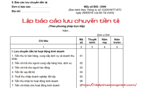 Cách lập báo cáo lưu chuyển tiền tệ trực tiếp thông tư 133 năm 2016