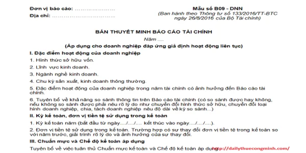 Hướng dẫn lập thuyết minh báo cáo tài chính thông tư 133 năm 2016