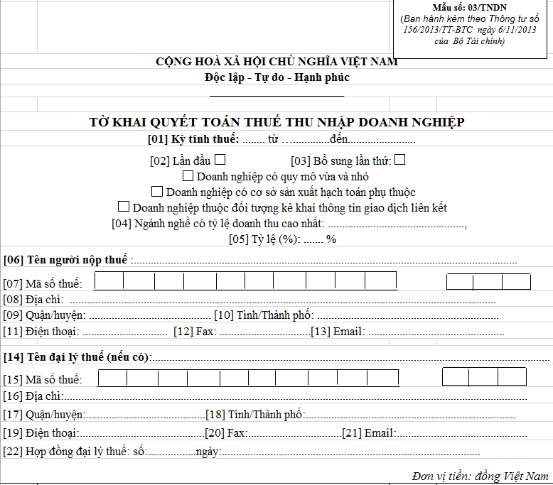 Mẫu tờ khai thuế thu nhập doanh nghiệp 03/TNDN