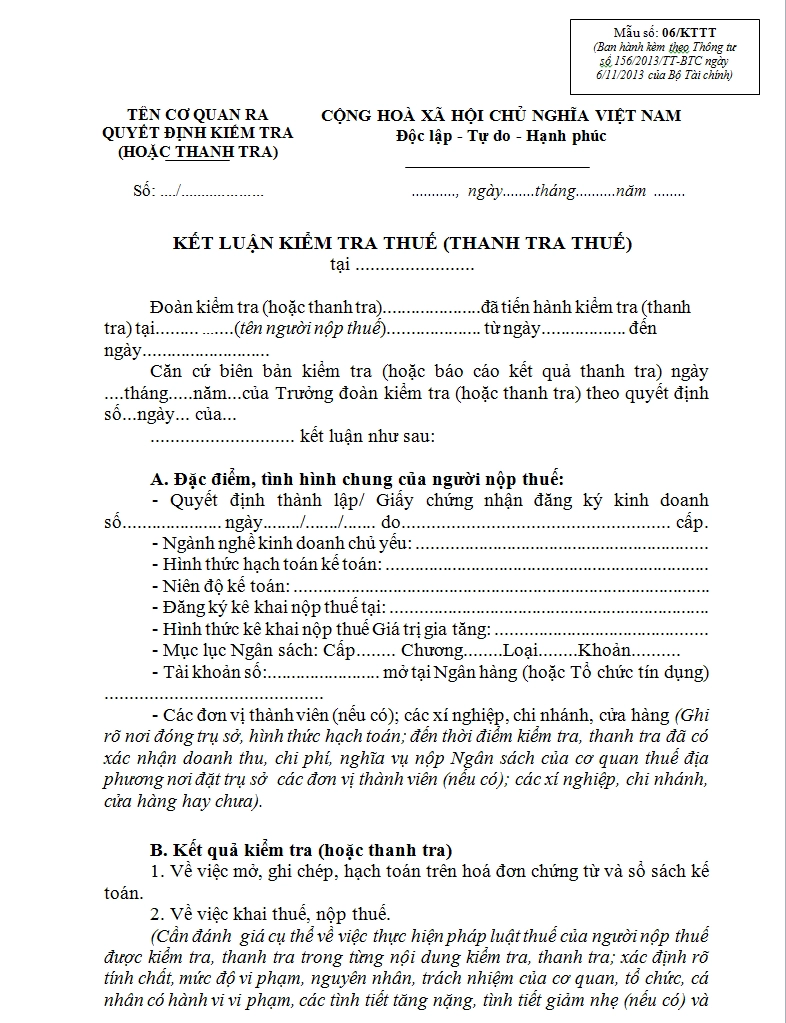 Mẫu 06/KTTT Ban hành theo Thông tư 156/2013/TT-BTC